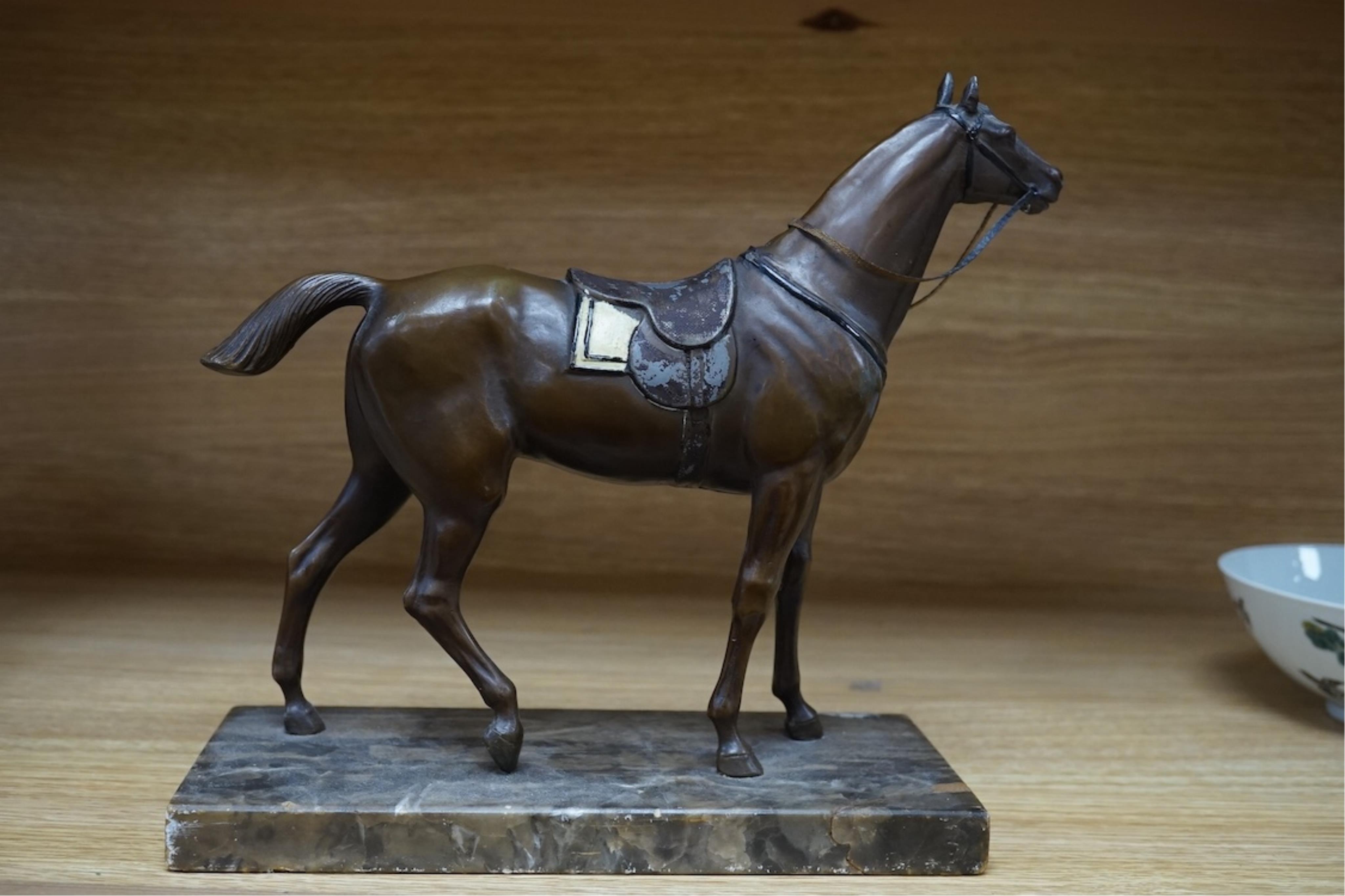 A bronzed spelter sculpture of a horse on a marble plinth, 24cm tall
